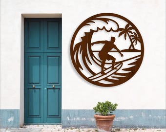 Surfer male wall sign laser cut SVG file - digital download beach scene vector file - Surfing laser cut sign