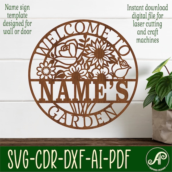 Garden sign with floral bouquet, SVG, gardening theme wall hanger, Laser cut template, instant download Vector file Ai, Cdr, Dxf