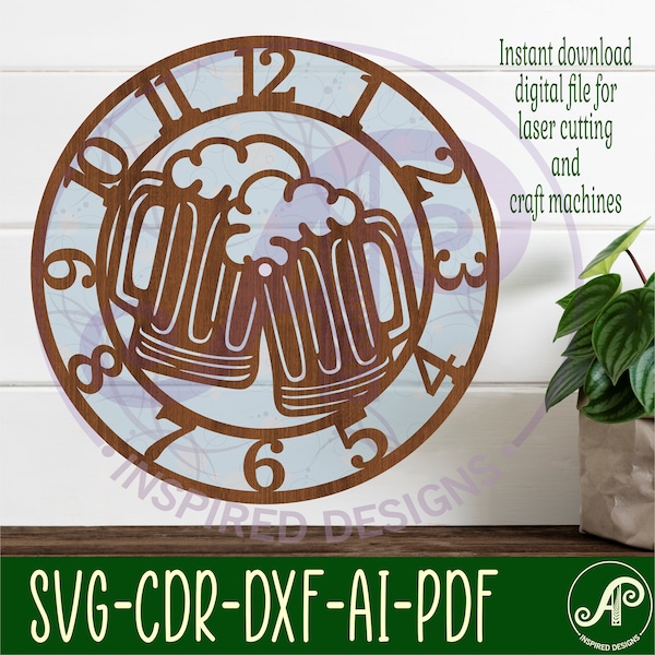 Beer wall clock laser cut files, SVG file. vector file ai, cdr, dxf instant download digital design, cut file template