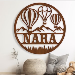 Naambordje heteluchtballon, SVG, deur- of muurhanger met reisthema, lasergesneden sjabloon, instant download vectorbestand Ai, Cdr, Dxf