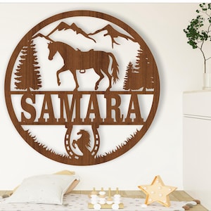 Signe de nom de cheval, SVG, porte sur le thème des animaux ou suspension murale, modèle découpé au laser, téléchargement immédiat fichier vectoriel Ai, Cdr, Dxf