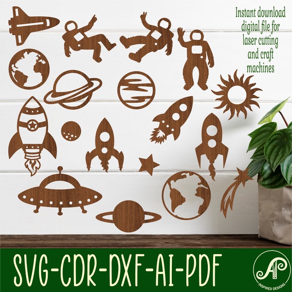 Space themed designs, 17 laser cut out shapes SVG vector files, ai, cdr, dxf instant download. cut outs with details