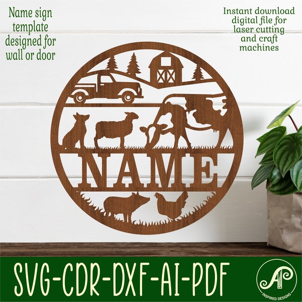 On the farm name sign SVG, animal themed door or wall hanger, Laser cut template, instant download Vector file Ai, Cdr, Dxf