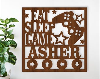 Gamer Name Sign – SVG Laser Cut personalized eat sleep game room decor (Digital Download)