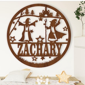 Zauberer Namensschild, SVG, Tür- oder Wandhänger mit Fantasy-Thema, Laserschnittvorlage, sofortiger Download Vektordatei Ai, Cdr, Dxf