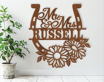 Floral Horseshoe Mr & Mrs Name Sign: Wedding Decor SVG (Digital Download)