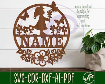 Little girl in meadow name sign, SVG, flower themed door or wall hanger, Laser cut template, instant download Vector file Ai, Cdr, Dxf