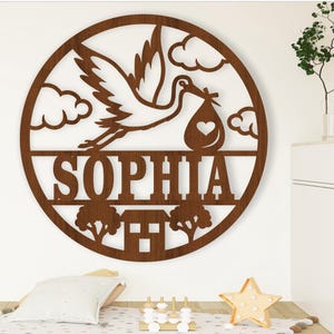 Storch Namensschild, SVG, Tür- oder Wandhänger mit dem Thema Baby, Laser geschnittene Vorlage, sofortiger Download Vektordatei Ai, Cdr, Dxf