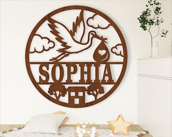 Stork Name Sign SVG: Baby Door Hanger Laser Cut Template (Digital Download)