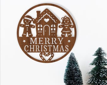 Merry Christmas Sign | Gingerbread house Laser Cut | Round Christmas decor (Digital Download)