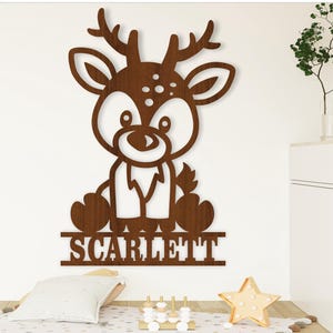 Cartello con nome cervo, SVG, simpatico porta o appendino a tema animale, modello tagliato al laser, download immediato File vettoriale Ai, Cdr, Dxf