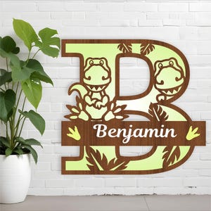Niedliche T Rex Monogramm Buchstabenschilder. 3 schichten SVG Laser Schnitt Vorlage, Tür oder Wand Aufhänger, Vektor Datei ai,cdr,dxf pdf sofort download