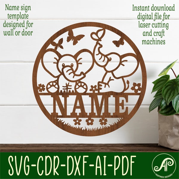 Elephants name sign, Laser cut file SVG, animal themed door or wall hanger, instant download Vector template Ai, Cdr, Dxf