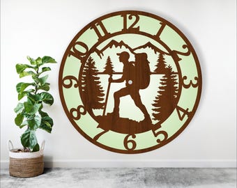 Hiker wall clock laser cut files, SVG file. vector file ai, cdr, dxf instant download digital design, cut file template