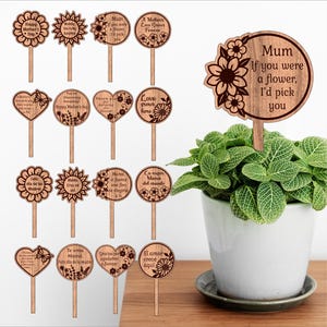 Fichiers découpés au laser de piquets de plante pour la fête des mères SVG - piquets cadeau fleur, coeur et cercle pour la fête des mères pour plantes, piquets de plante gravés au laser
