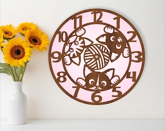 Cats wall clock laser cut files, SVG file. vector file ai, cdr, dxf instant download digital design, cut file template