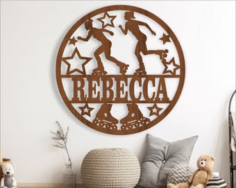 Inline skater female name sign, SVG, sports themed door or wall hanger, Laser cut template, instant download Vector file Ai, Cdr, Dxf