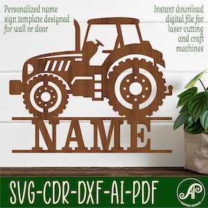Tractor name sign SVG laser cut template, door or wall hanger, vector file ai, cdr, dxf pdf instant download