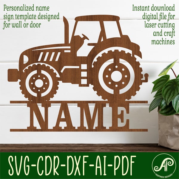 Tractor name sign SVG laser cut template, door or wall hanger, vector file ai, cdr, dxf pdf instant download