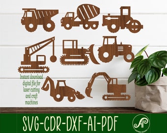 Construction vehicle SVG bundle. 8 designs, Vector files, laser cut file, shapes. Ai, Cdr, Dxf instant download digital file