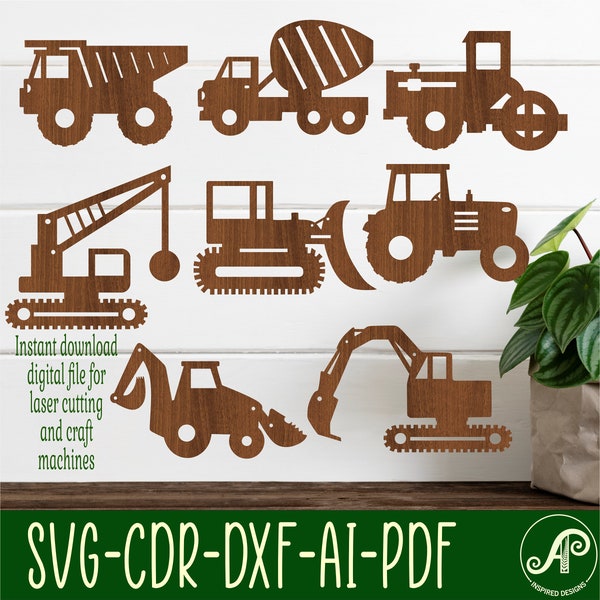 Construction vehicle SVG bundle. 8 designs, Vector files, laser cut file, shapes. Ai, Cdr, Dxf instant download digital file