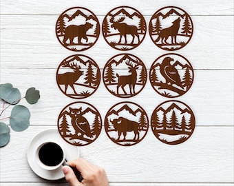Forest Wildlife Coaster Set SVG Bear Moose Deer Wolf Laser Cut Files (digital download)