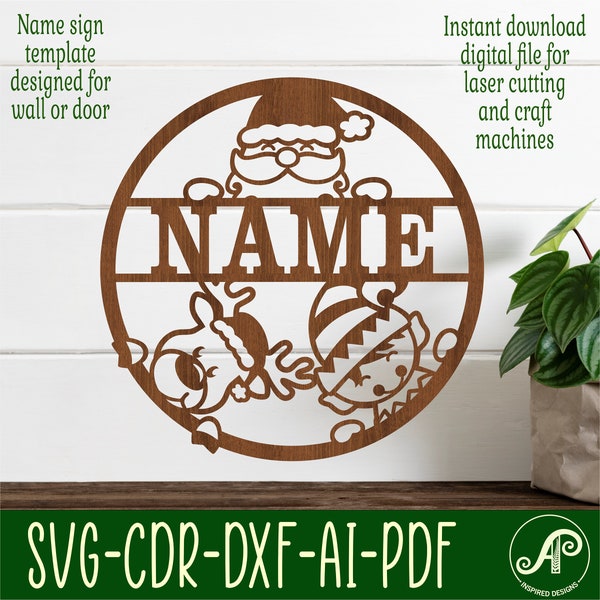 Christmas name sign, SVG, Cute festive themed door or wall hanger, Laser cut template, instant download Vector file Ai, Cdr, Dxf