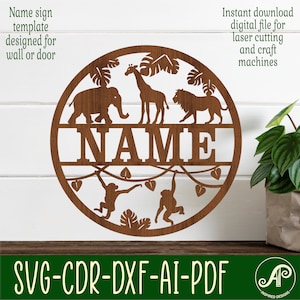 wild animals name sign, SVG, animal themed door or wall hanger, Laser cut template, instant download Vector file Ai, Cdr, Dxf