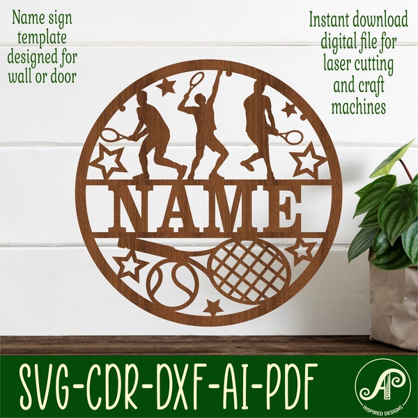 Tennis male name sign, SVG, sports themed door or wall hanger, Laser cut template, instant download Vector file Ai, Cdr, Dxf