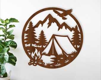 Campfire mountains Wall sign -laser cut camping tent home decor SVG (Digital Download)