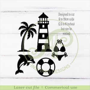 May include: Black silhouette designs of a lighthouse, palm tree, dolphin, life preserver, and bikini. Text reads "Designed to cut 2.3 to 8 inches wide but can be resized." The bottom text says "Laser cut file | Commerical use."