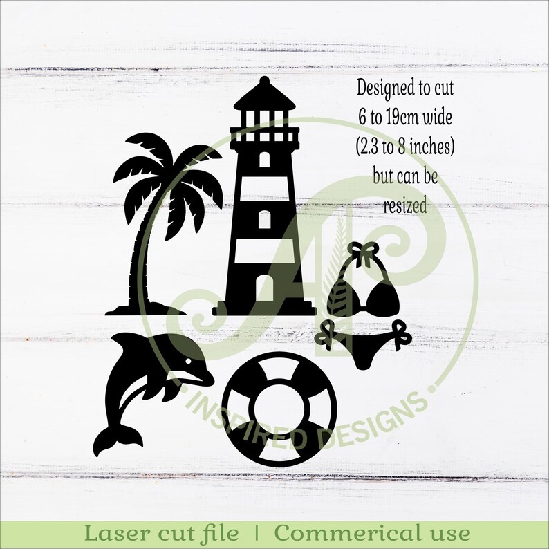 May include: Black silhouette designs of a lighthouse, palm tree, dolphin, life preserver, and bikini. Text reads "Designed to cut 2.3 to 8 inches wide but can be resized." The bottom text says "Laser cut file | Commerical use."