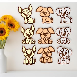 Süsser Hund Laser geschnitten Dateiformen. 3 Hunde in 3 Positionen, zweischichtige Vektordateien SVG, ai, cdr, dxf und Pdf sofort download überlagerte Formen