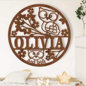 Letrero con nombre de búho, SVG, colgador de pared o puerta con temática de pájaros, plantilla cortada con láser, descarga instantánea, archivo vectorial Ai, Cdr, Dxf