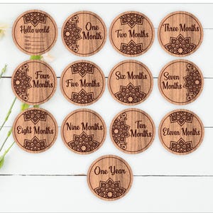 Juego de discos de hitos mensuales para bebés con diseño de mandala: archivos cortados con láser con descarga digital SVG: marcadores de fotos de hitos de bebés con temática boho.