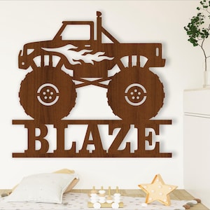 Monstertruck mit Flammen Namensschild SVG Laserschnitt Vorlage, Tür- oder Wandhänger, Vektordatei ai, cdr, dxf pdf sofort Download