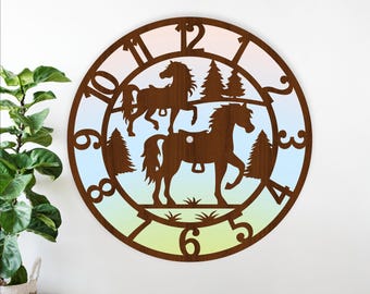 Horses Wall Clock SVG - Equestrian Laser Cut Clocks - Animal Silhouette (Digital Download)