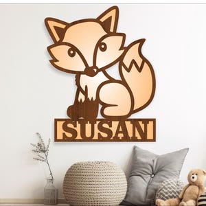 Panneau nom renard, SVG, porte ou suspension murale sur le thème de la forêt, modèle découpé au laser, téléchargement immédiat fichier vectoriel Ai, Cdr, Dxf