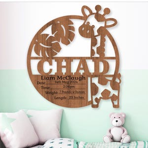 Giraffe baby statistieken, geboorteplaat, pasgeboren baby naam teken sjabloon SVG, lasergesneden sjabloon, instant download Ai, Cdr, Dxf