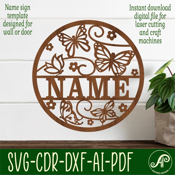 Butterfly name sign SVG, nature themed door or wall hanger, Laser cut template