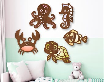 Ocean animals laser cut file shapes. 5 two layer vector files SVG, ai, cdr, dxf and Pdf instant download layered shape cut outs