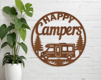 Happy Campers Campervan Wall Sign SVG - Camping Laser Cut Round Wall Art (Digital Download)