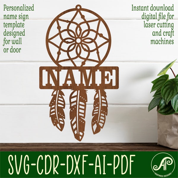 Dreamcatcher Name sign SVG nature theme laser cut template, door or wall hanger, vector file ai, cdr, dxf pdf instant download