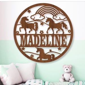 Einhorn Namensschild, SVG, Tür- oder Wandhänger mit Fantasy-Thema, Laserschnitt-Vorlage, sofortiger Download, Vektordatei Ai, Cdr, Dxf