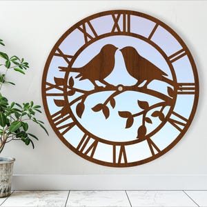 Relógio de parede Love Birds arquivos cortados a laser, arquivo SVG. arquivo vetorial ai, cdr, dxf download instantâneo design digital, modelo de arquivo cortado