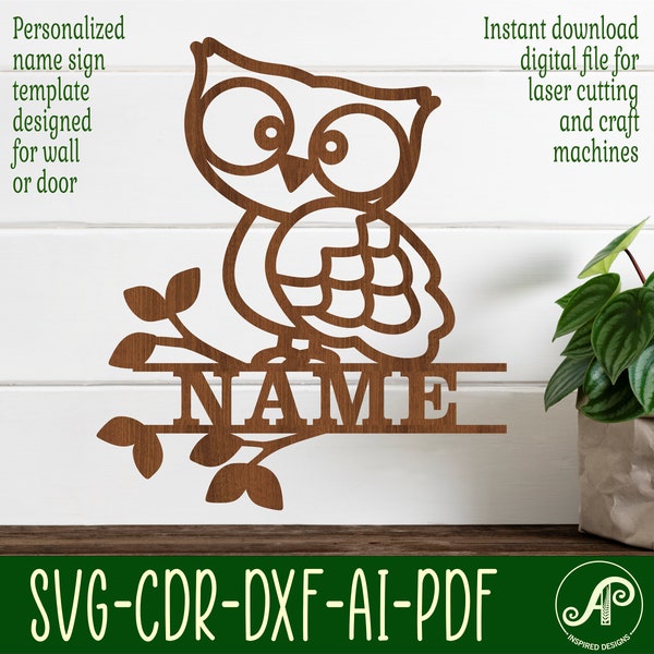 Owl name sign, SVG, Cute cartoon bird themed door or wall hanger, Laser cut template, instant download Vector file Ai, Cdr, Dxf