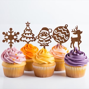 Toppers de cupcake de Natal, 6 designs SVG cortados a laser, download instantâneo de modelos em PDF, Dxf, Ai e Cdr.