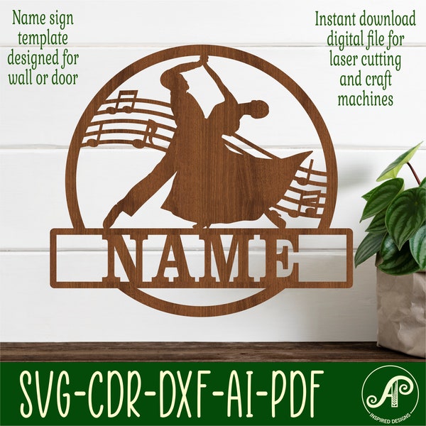 Ballroom dancers version 2 name sign, SVG, music themed door or wall hanger, Laser cut template, instant download Vector file Ai, Cdr, Dxf