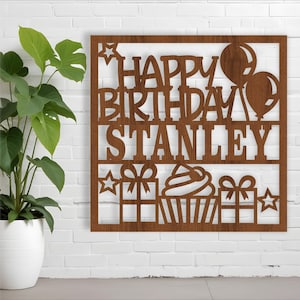 Gelukkige verjaardag naambord, digitale downloadontwerp, lasergesneden sjabloon, instant download vectorbestand Ai, Cdr, Dxf, SVG