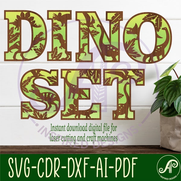 Dinosaur alphabet set. 2 layer letters. 50 letter options SVG file vector file ai, cdr, dxf and pdf instant. dino letters, dinosaur